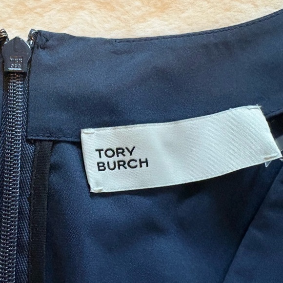 TORY BURCH Tech Poplin Midi Dress Navy PREPPY elegant Fit & Flare Sz XS pockets - Picture 7 of 12